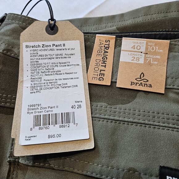 Prana Stretch Zion Pant II Straight Leg Green Camo 40x28 - Picture 3 of 11